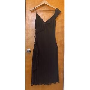 Banana Republic Silk Midi Bias Cut Dress Black Ruffle Fairy Chiffon 30s Sz 6